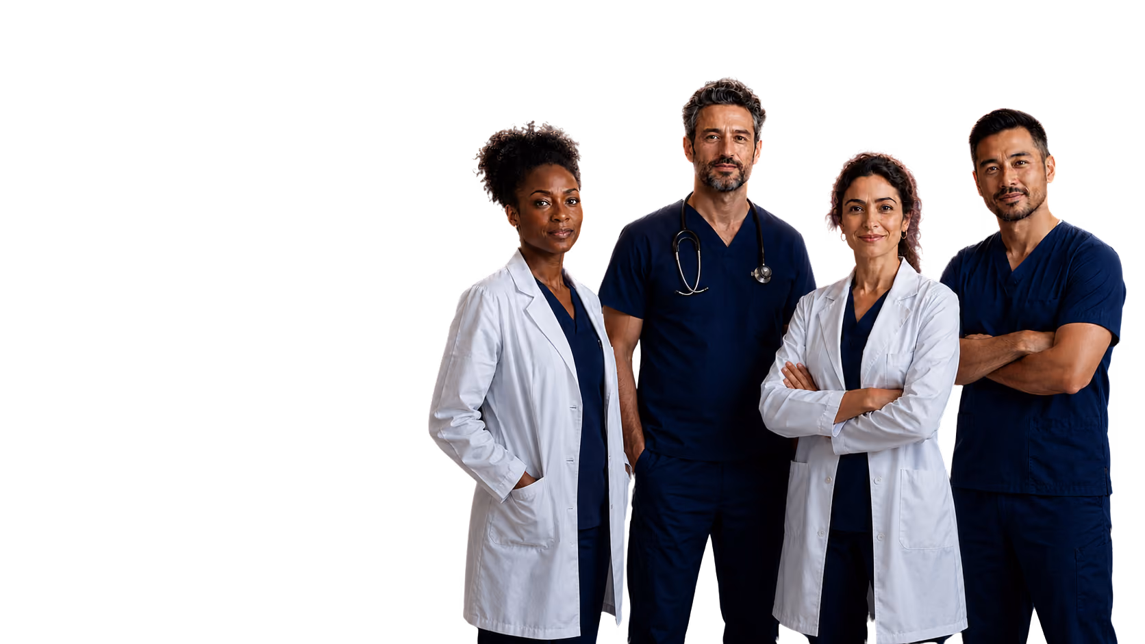 Une équipe de quatre professionnels de santé, en blouse ou en tenue de soin